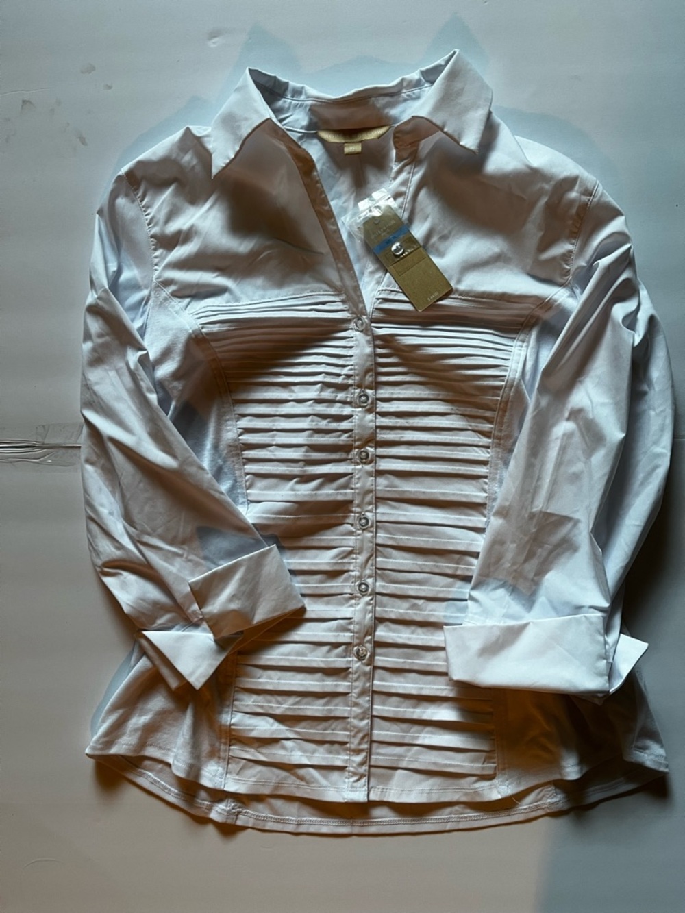 White Pleated Front Button-Down Shirt office wear basic staple neutral size xl